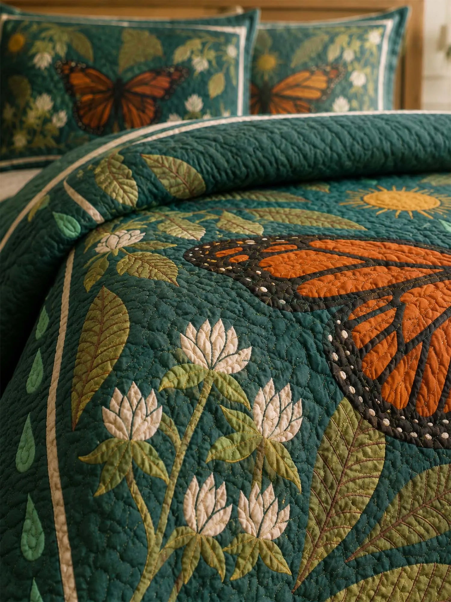 Monarch Butterfly Botanical Garden Quilted 3-Piece Bedding Set