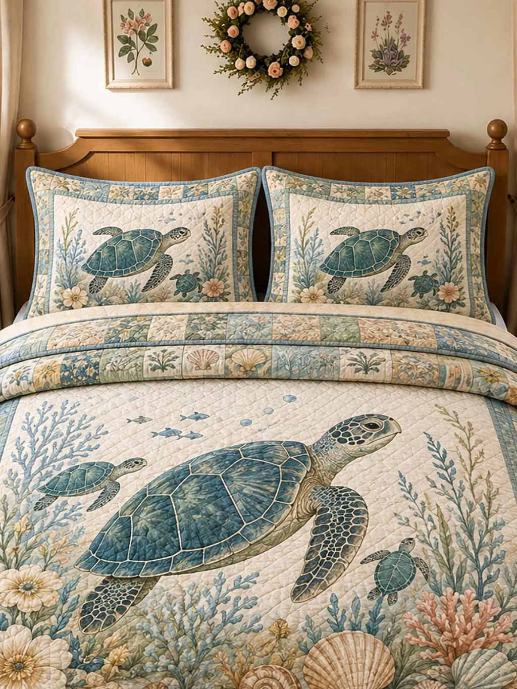 Vintage Ocean Turtle Beach Floral Patchwork 3‐Piece Quilted Bedding Set