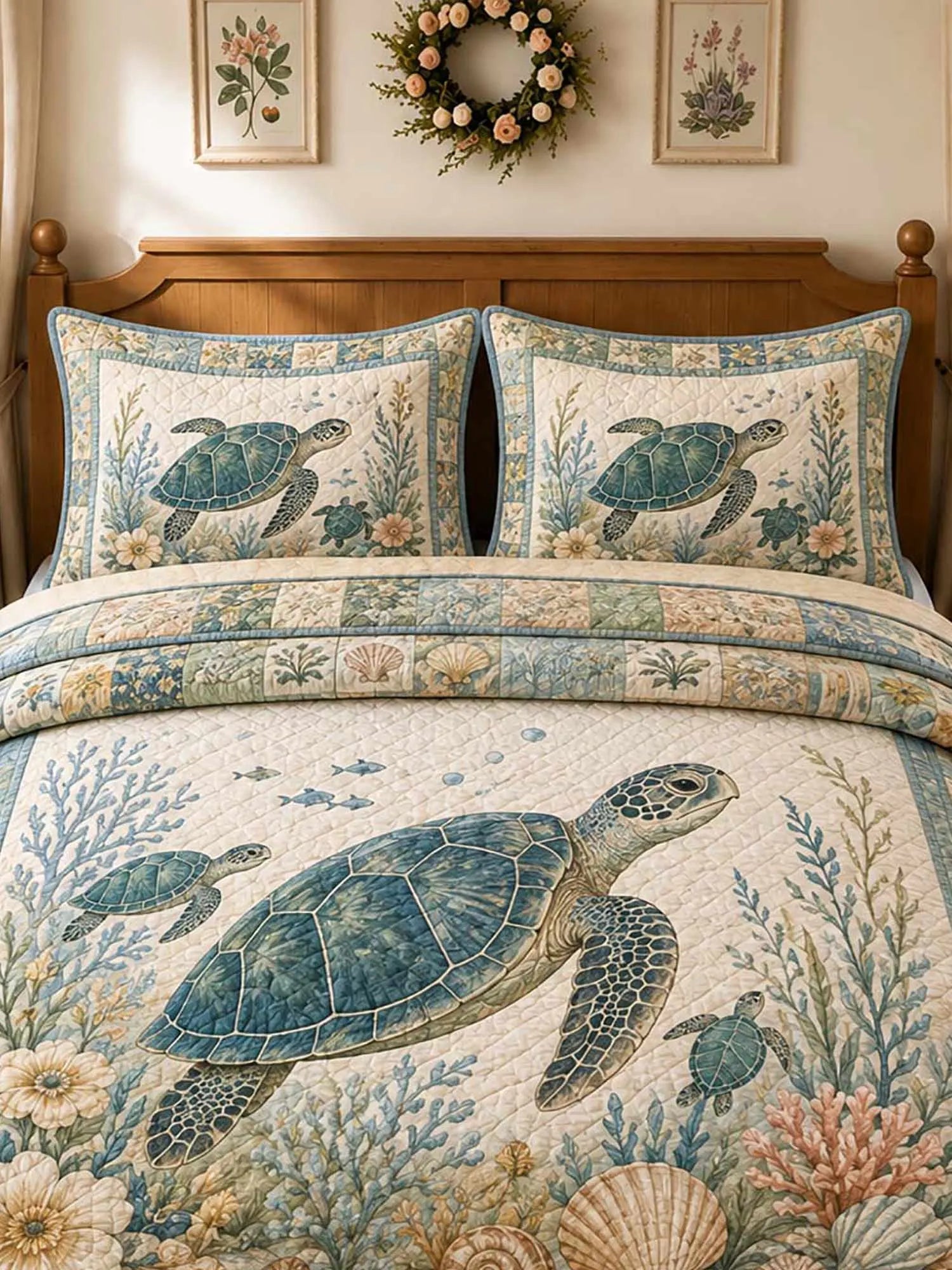 Vintage Ocean Turtle Beach Floral Patchwork 3‐Piece Quilted Bedding Set