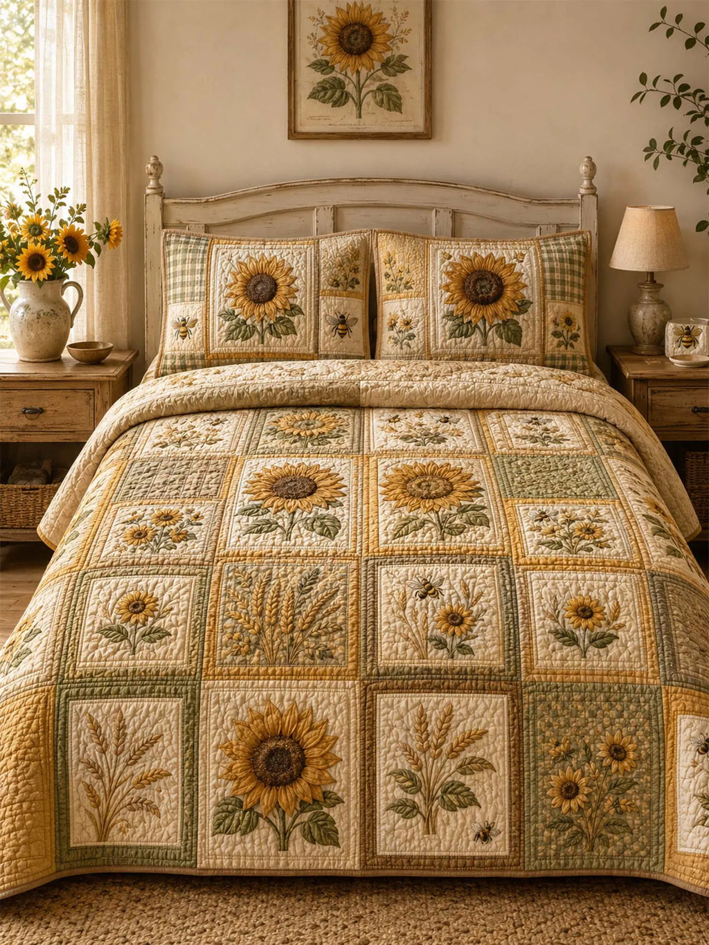 Sunflower Quilted 3-Piece Bedding Set – Classic Americana Quilted Bedding With Matching Pillow Shams