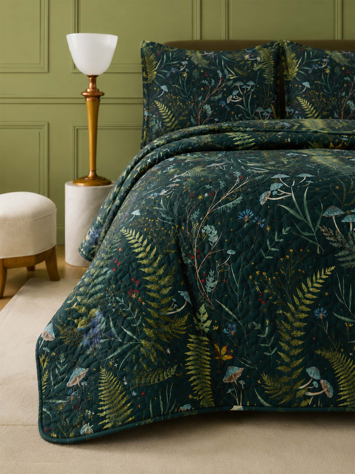 Enchanted Forest Mushroom Quilted 3-Piece Bedding Set – Dark Botanical Quilted Bedding With Matching Pillow Shams