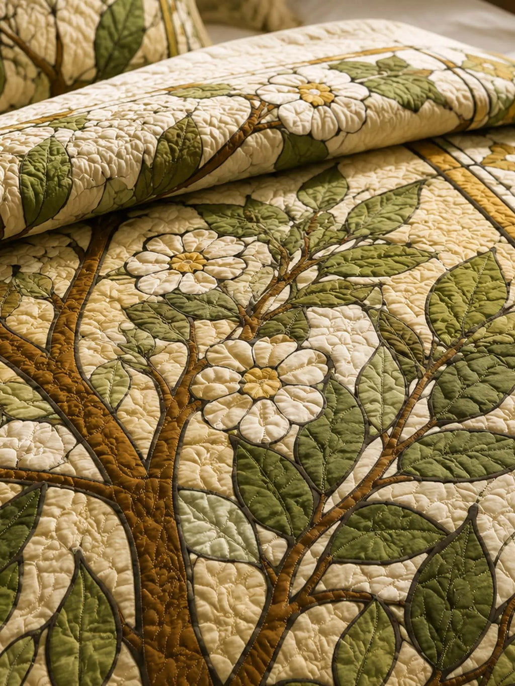 Tree of Life Quilted 3-Piece Bedding Set – Vintage Stained Glass Botanical Quilted Bedding With Matching Pillow Shams