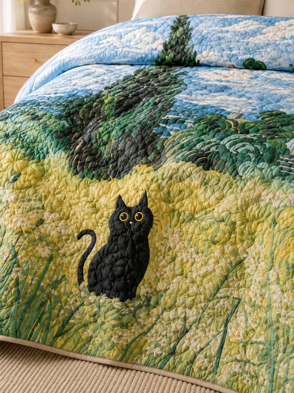 Black Cat Meadow Garden Quilted 3-Piece Bedding Set