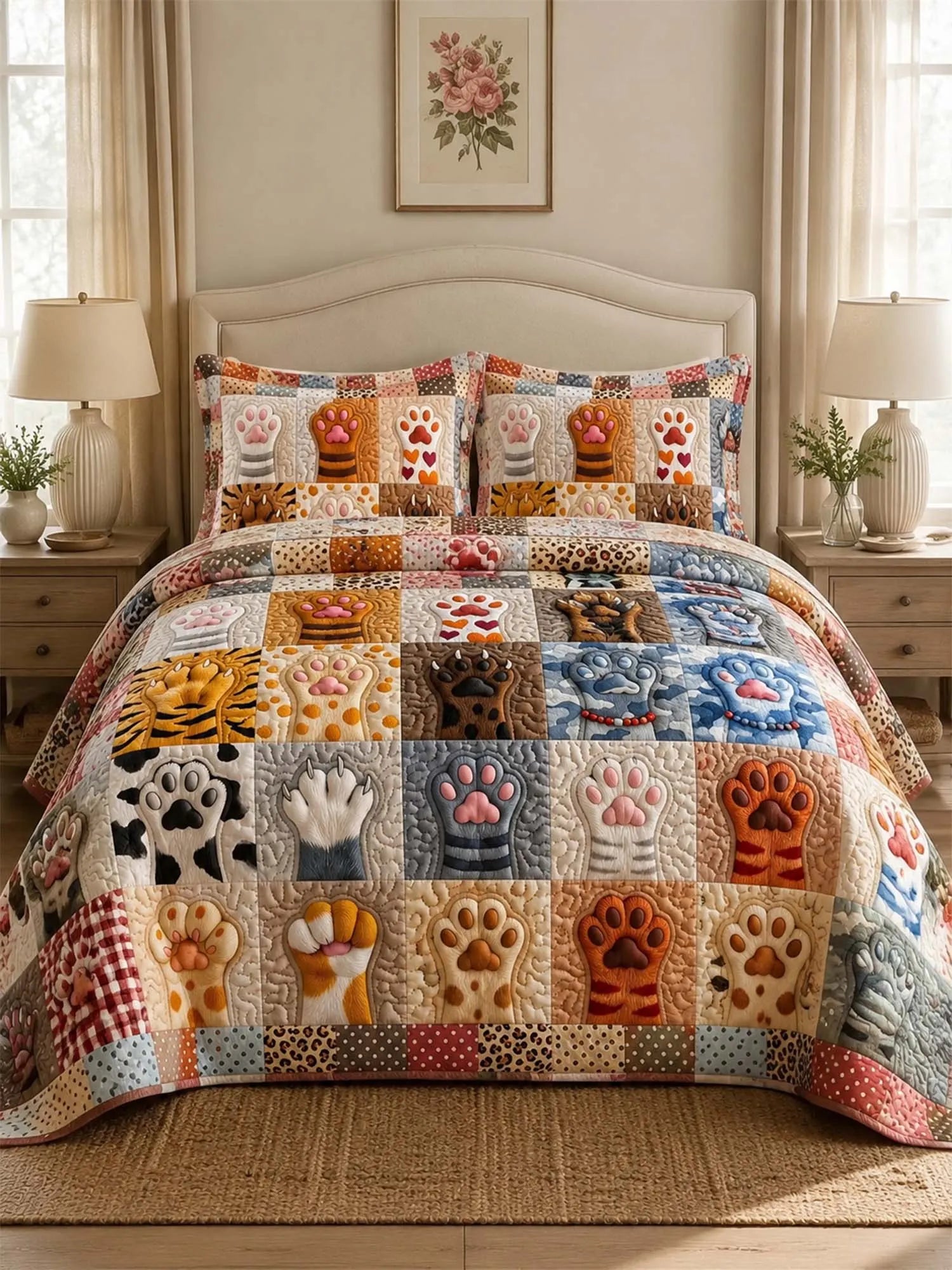 Cozy Paw Print Quilted 3-Piece Bedding Set