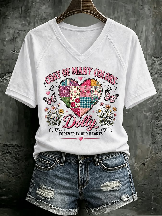 V Neck Retro Coat Of Many Colors Forever In Our Hearts Print T-Shirt