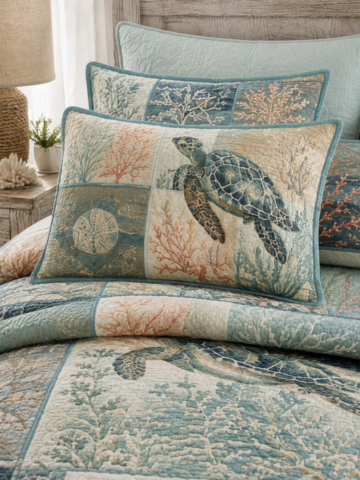 Sea Turtle Quilted 3-Piece Bedding Set – Classic Americana Quilted Bedding With Matching Pillow Shams