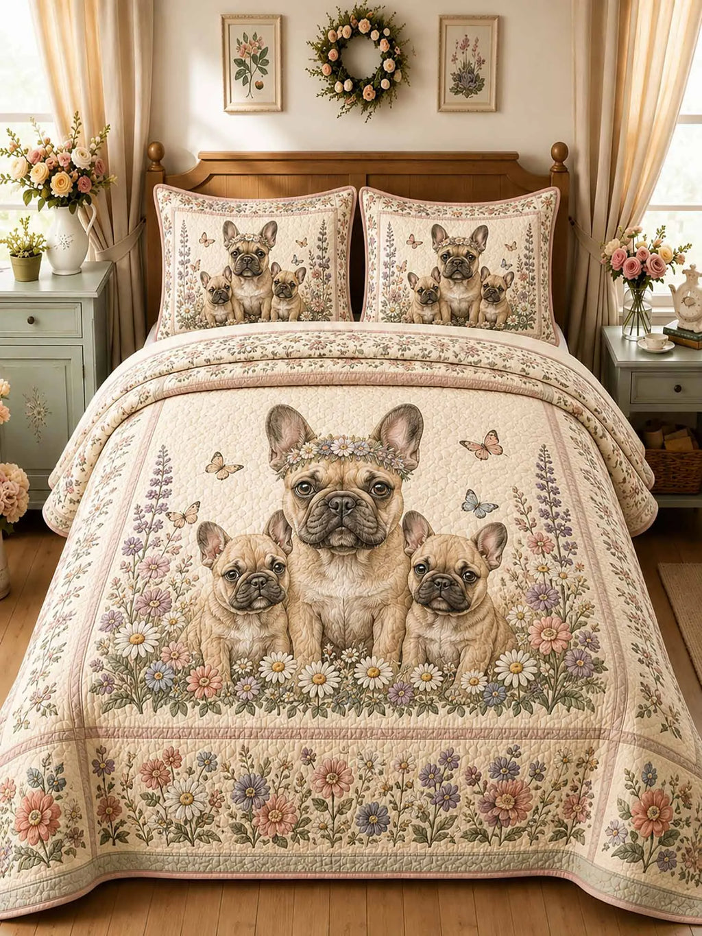 Flower‐Crown French Bulldog Family Garden 3‐Piece Quilted Bedding Set