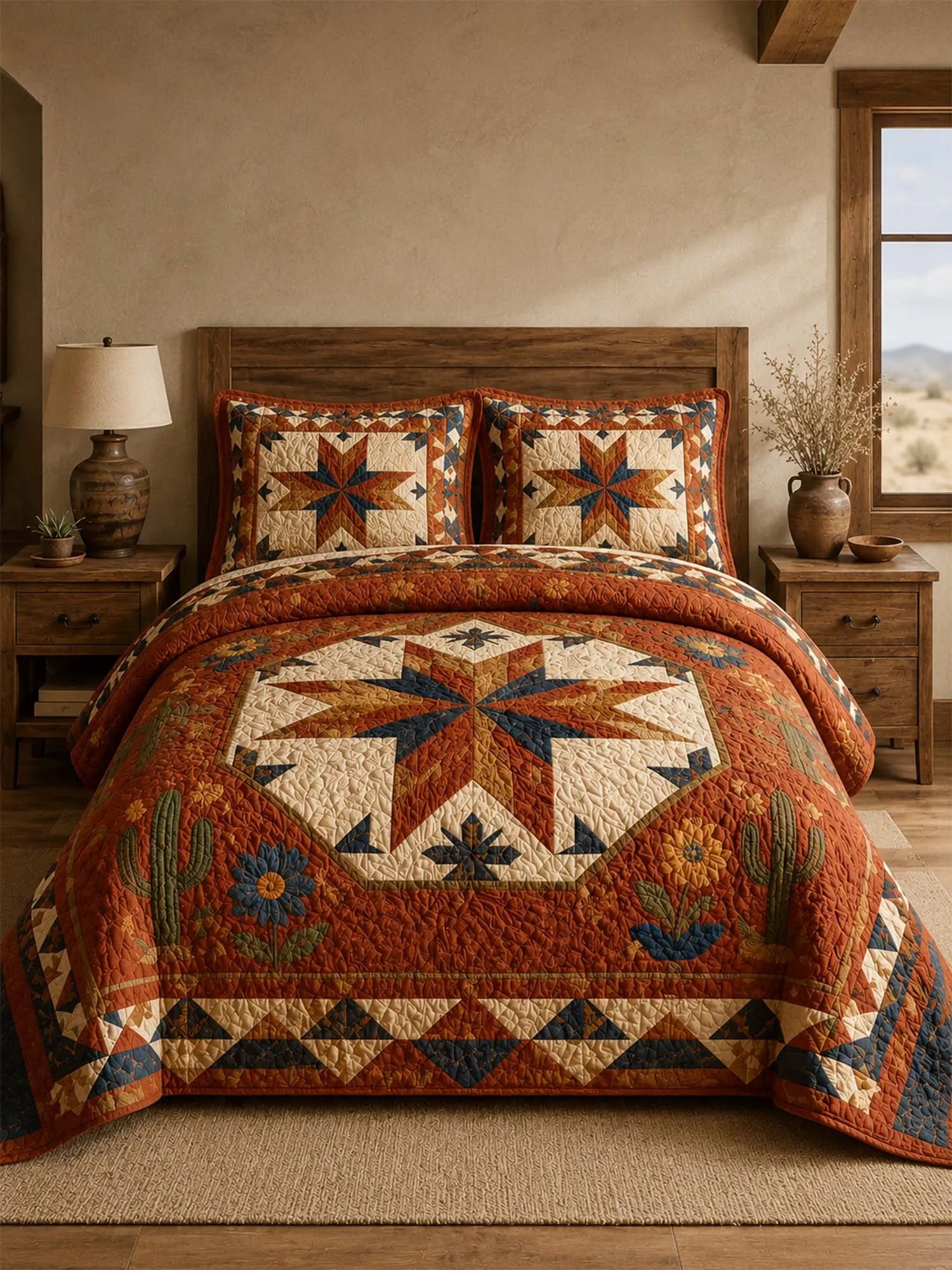 Western Star Patchwork Quilted 3-Piece Bedding Set – Classic Americana Quilted Bedding with Matching Pillow Shams