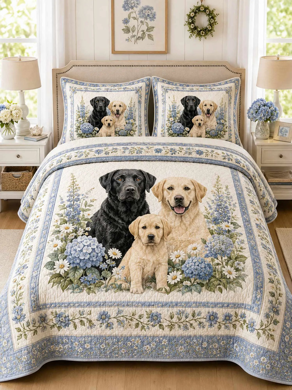 Blue Hydrangea Labrador Family Garden 3‐Piece Quilted Bedding Set