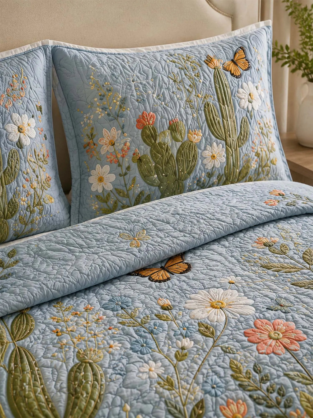 Southwestern Cactus Landscape Quilted 3-Piece Bedding Set – Rustic Western Quilted Bedding with Matching Pillow Shams