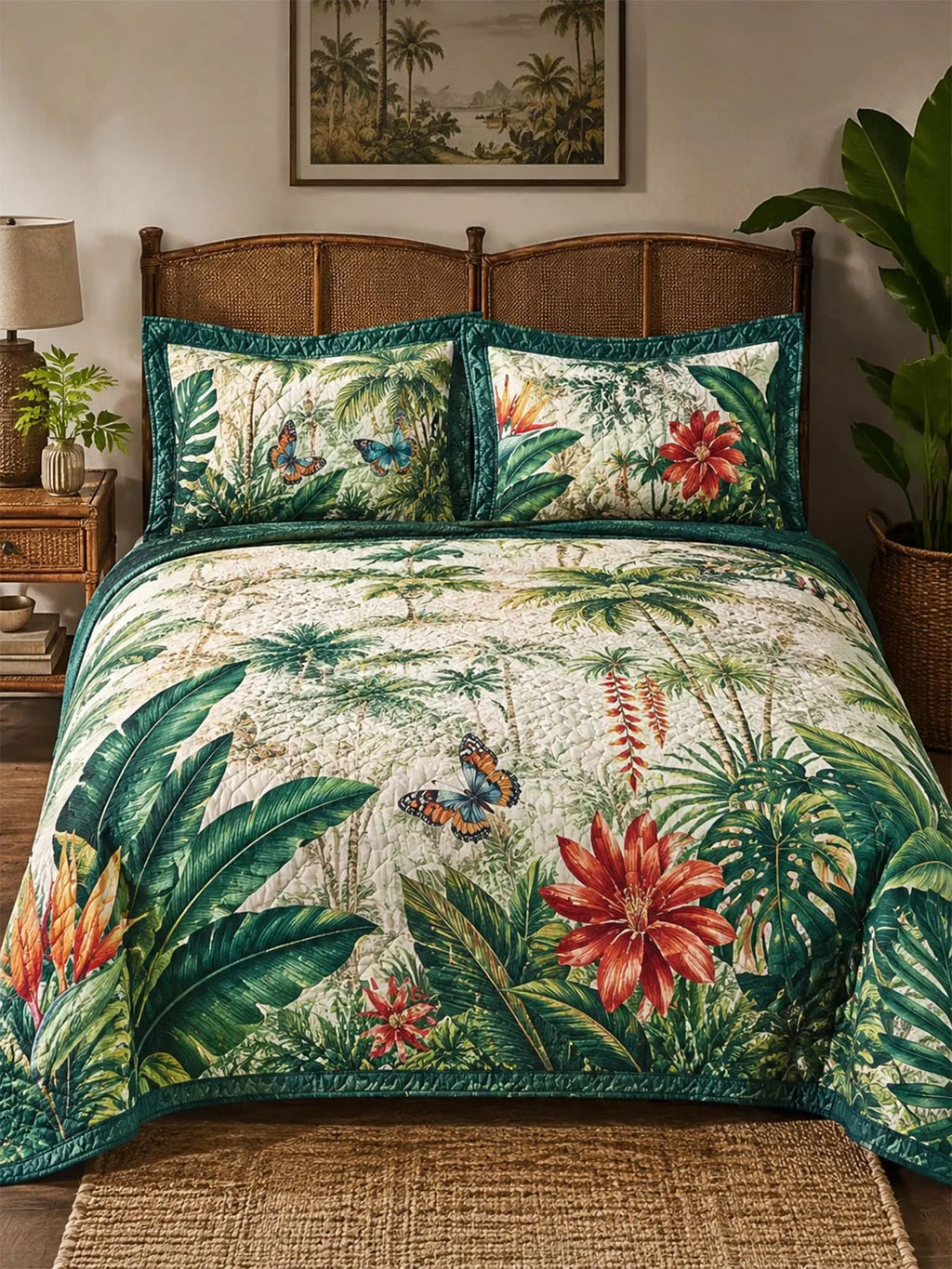 Tropical Botanical Quilted 3-Piece Bedding Set – Luxury Quilted Bedding with Matching Pillow Shams